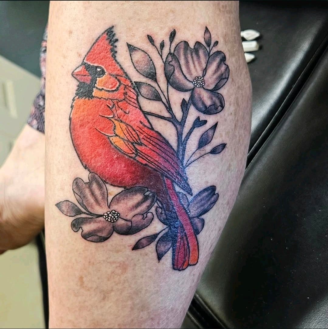 Color + Illustrative cardinal tattoo on Calf by 2nd_Circle_Tattoo_Co on TattMe
