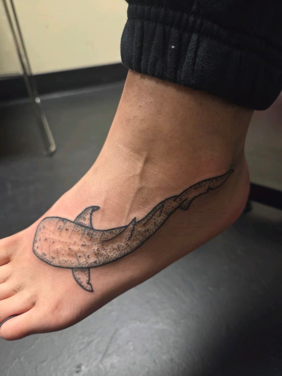 Dot-work + Line-work whale shark tattoo on Foot by 2nd_Circle_Tattoo_Co on TattMe