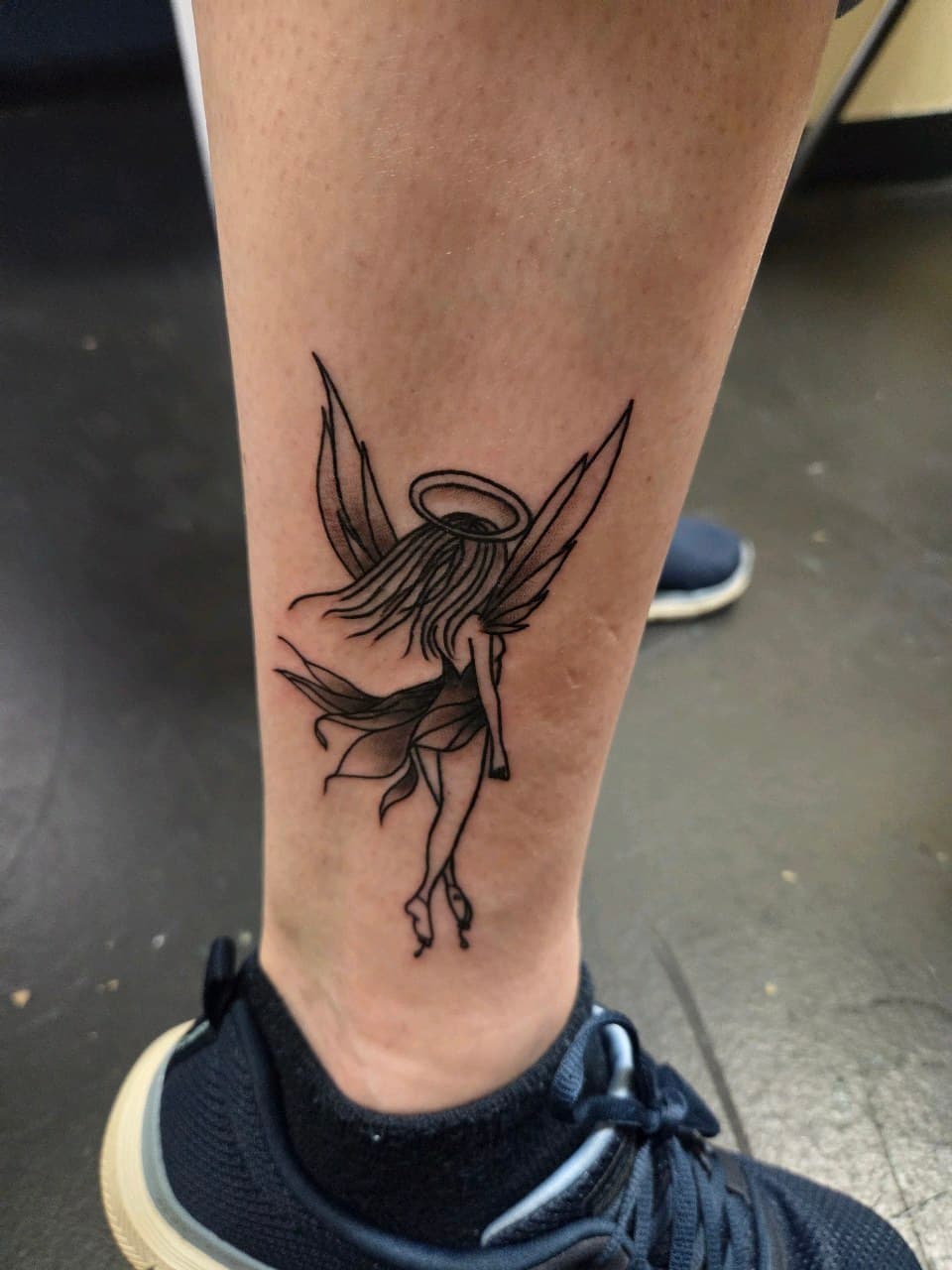 Fine Line + Black & Grey angel tattoo on Calf by 2nd_Circle_Tattoo_Co on TattMe