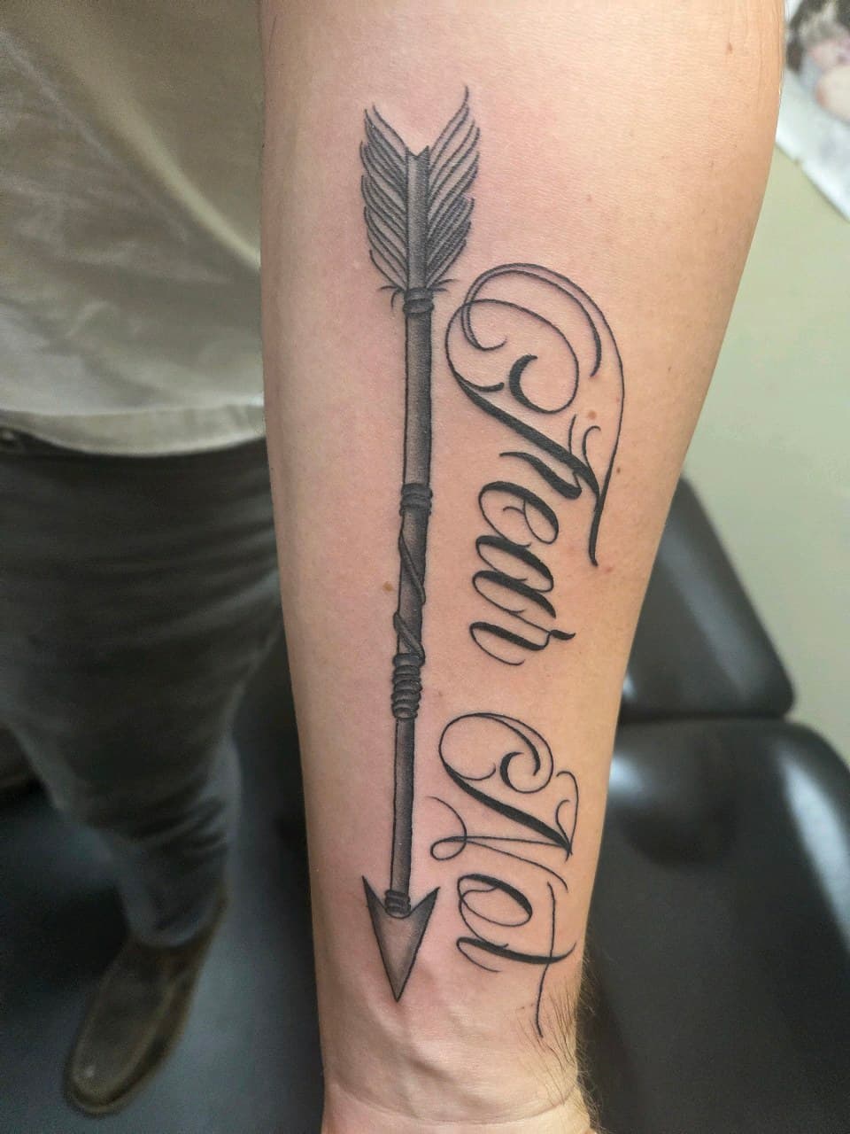 Black & Grey + Lettering arrow tattoo on Forearm by 2nd_Circle_Tattoo_Co on TattMe