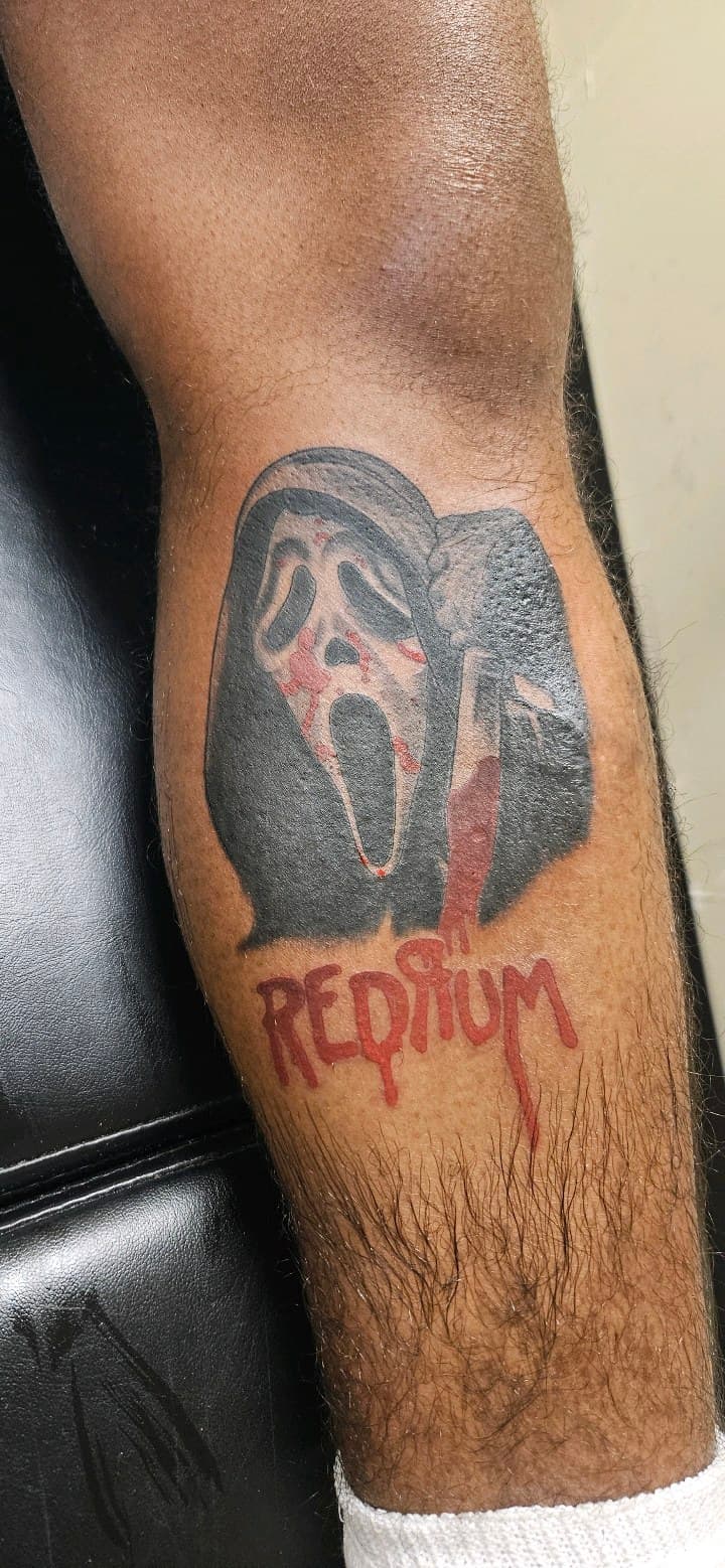 Illustrative + Color ghostface tattoo on Calf by 2nd_Circle_Tattoo_Co on TattMe