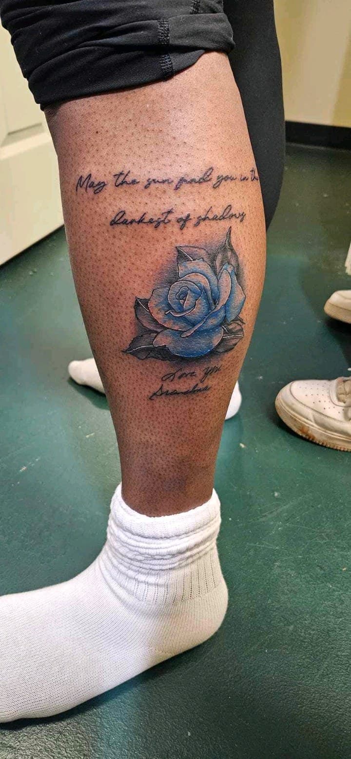 Floral + Script rose tattoo on Calf by 2nd_Circle_Tattoo_Co on TattMe