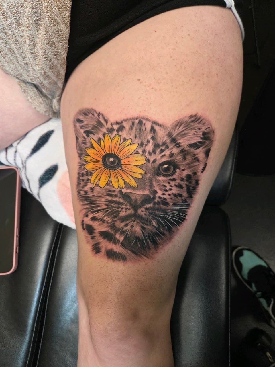 Illustrative Realism + Black & Grey leopard tattoo on Thigh by 2nd_Circle_Tattoo_Co on TattMe