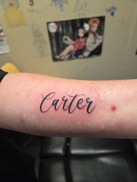 Lettering + Script name tattoo on Forearm by 2nd_Circle_Tattoo_Co on TattMe