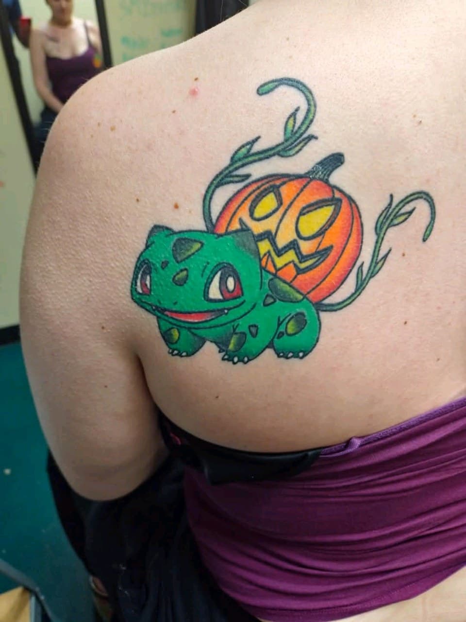 Cartoon + Pop Culture bulbasaur tattoo on Shoulder Blade by 2nd_Circle_Tattoo_Co on TattMe