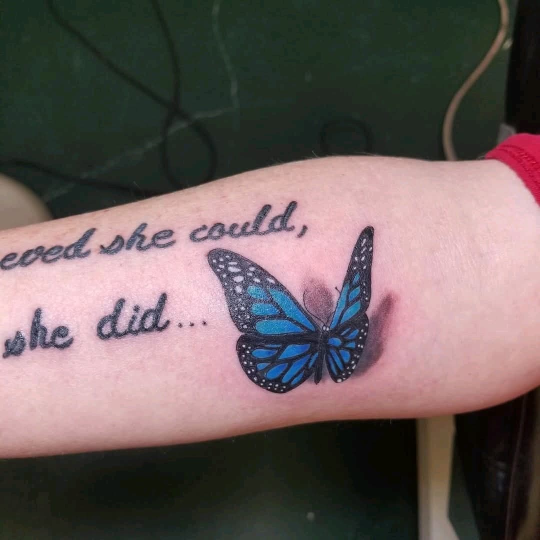 Color + Lettering butterfly tattoo on Forearm by 2nd_Circle_Tattoo_Co on TattMe