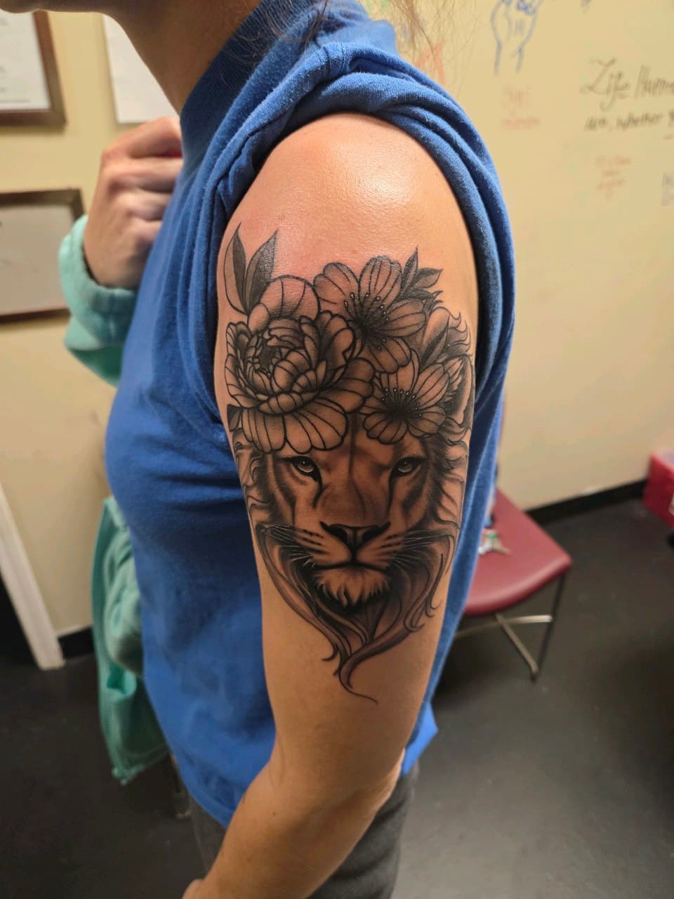 Black & Grey + Illustrative lion tattoo on Upper Arm by 2nd_Circle_Tattoo_Co on TattMe