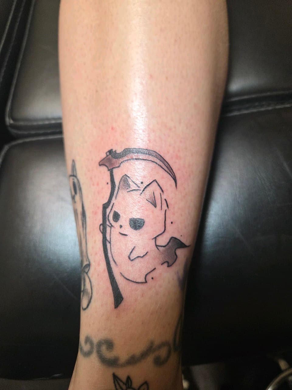 Black & Grey + Fine Line cat tattoo on Calf by 2nd_Circle_Tattoo_Co on TattMe