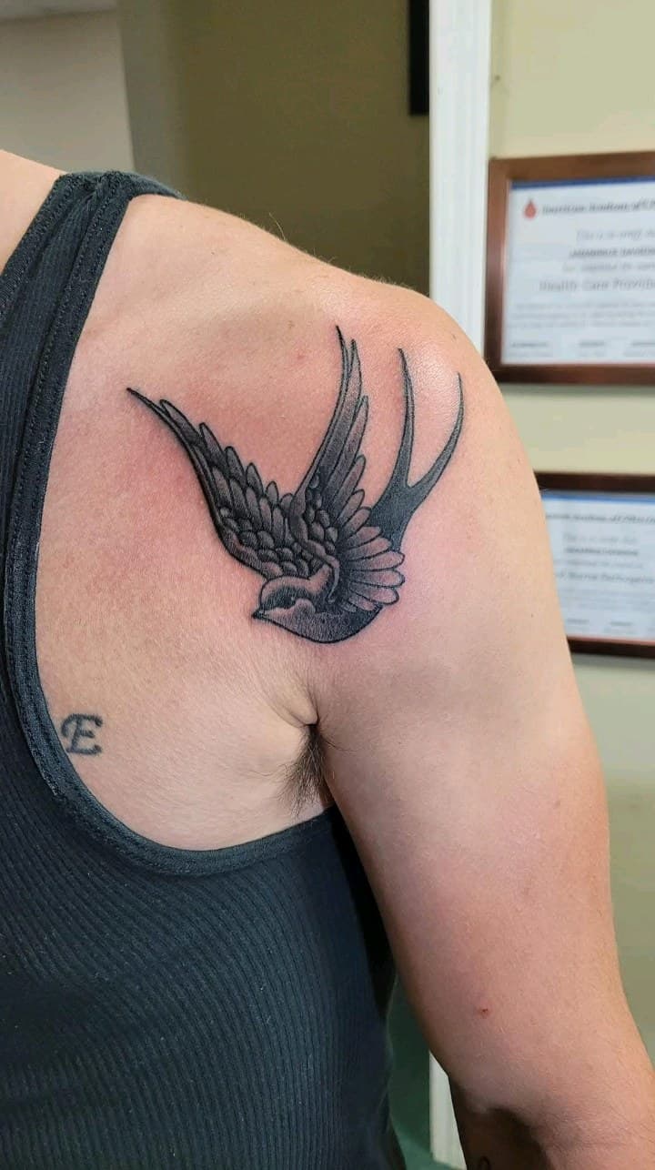 Traditional + Black & Grey swallow tattoo on Shoulder by 2nd_Circle_Tattoo_Co on TattMe