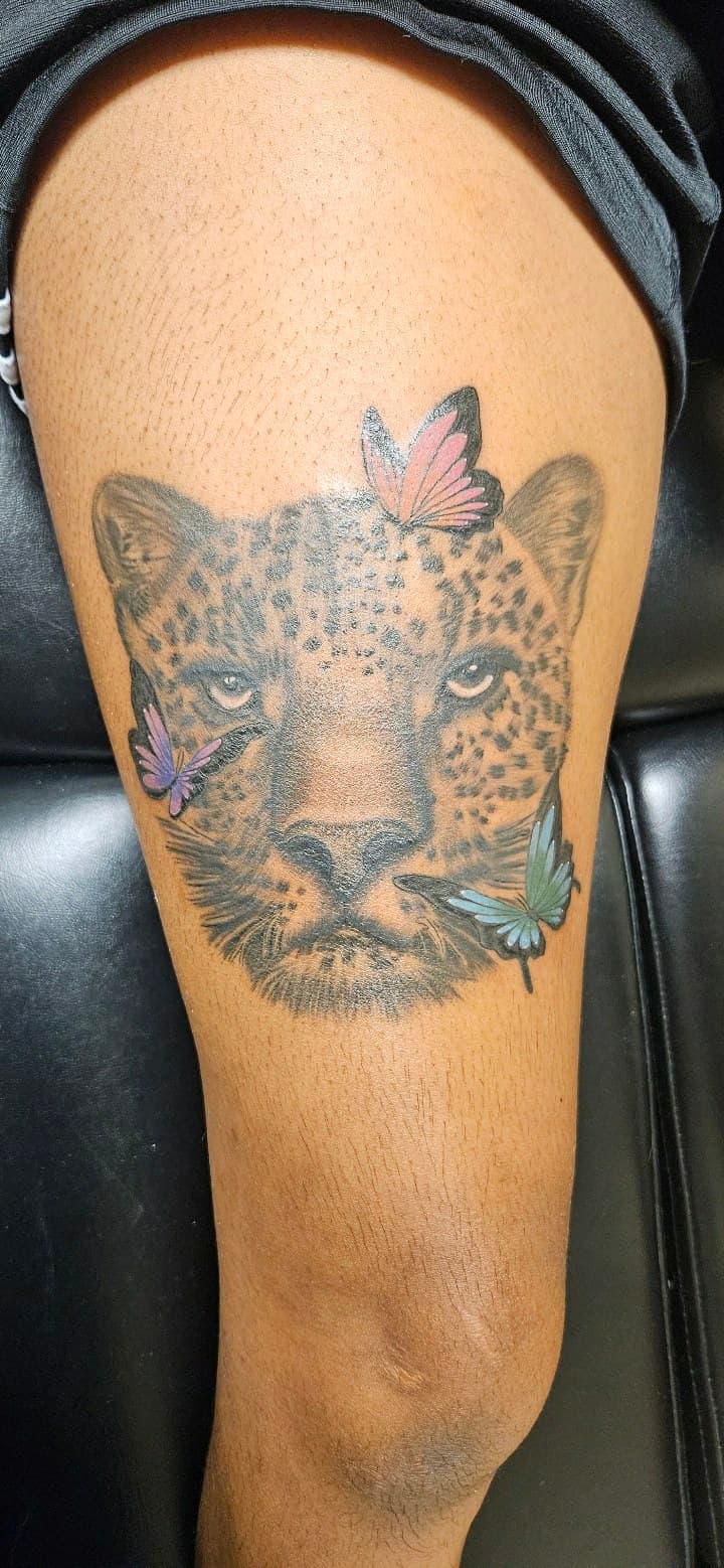 Animals + Color color tattoo on Thigh by 2nd_Circle_Tattoo_Co on TattMe