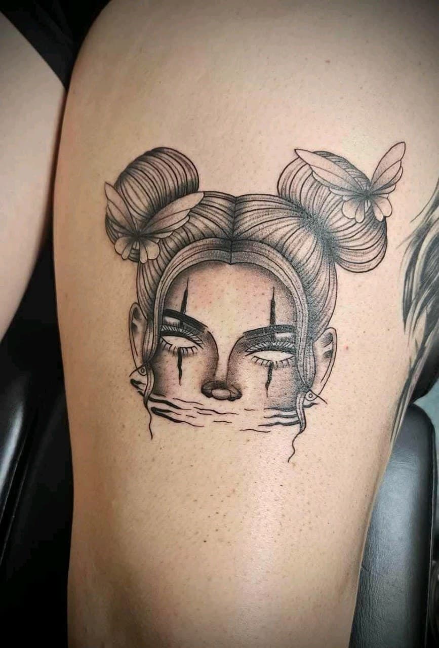 Fine Line + Black & Grey woman tattoo on Thigh by 2nd_Circle_Tattoo_Co on TattMe
