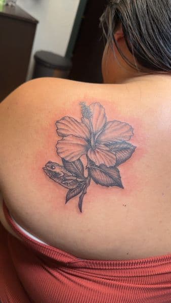 Black & Grey + Floral hibiscus tattoo on Shoulder Blade by inkboiz on TattMe