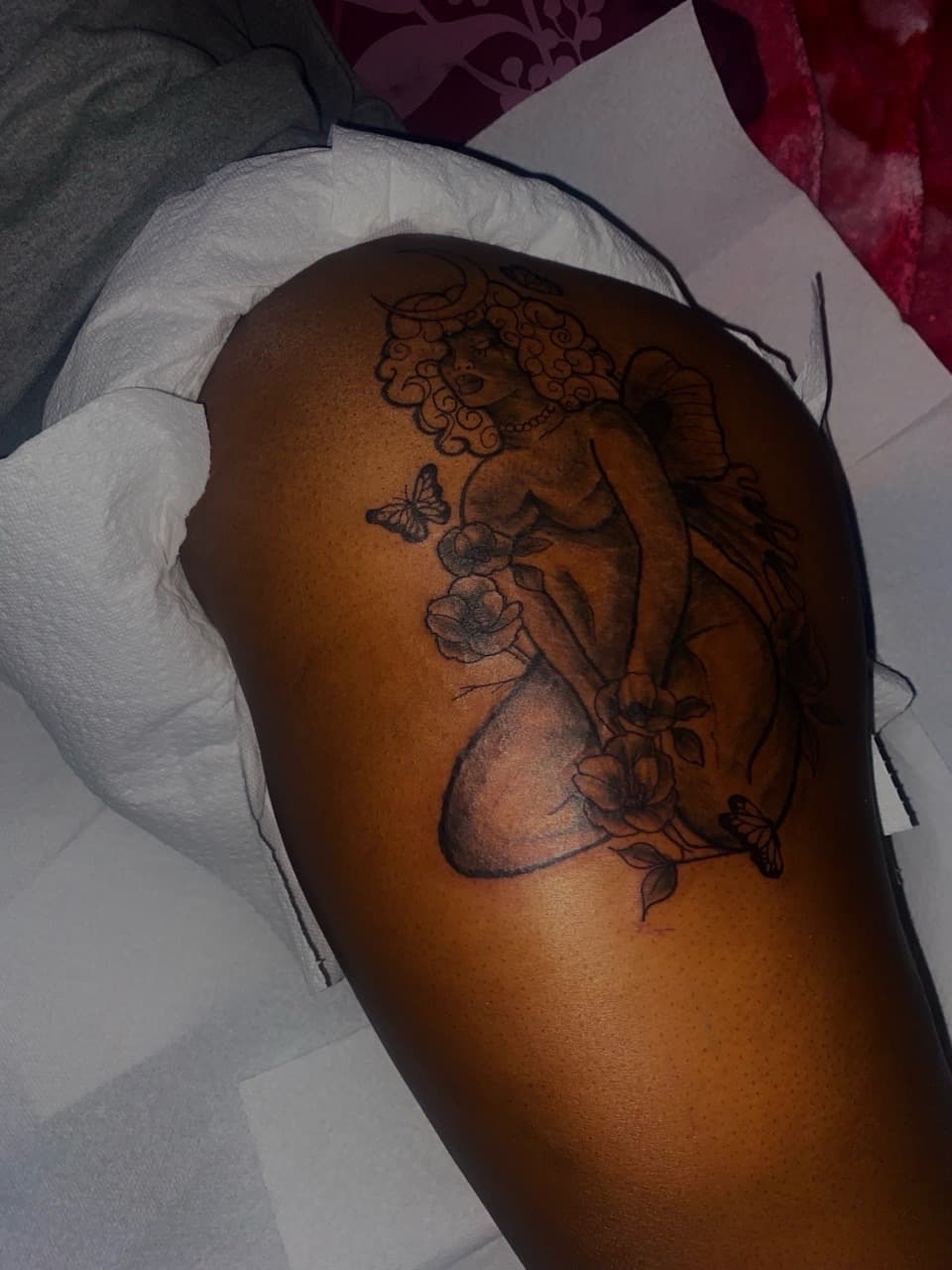 Illustrative + Black & Grey woman tattoo on Thigh by 32_Incc_STUDIOS_LLC. on TattMe