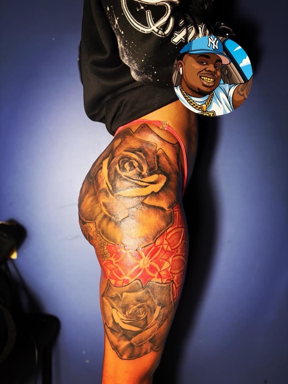 Floral + Color roses tattoo on Thigh by 32_Incc_STUDIOS_LLC. on TattMe
