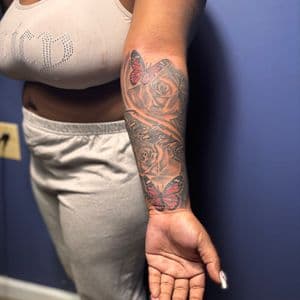 Floral + Color butterflies tattoo on Half Sleeve by 32_Incc_STUDIOS_LLC. on TattMe