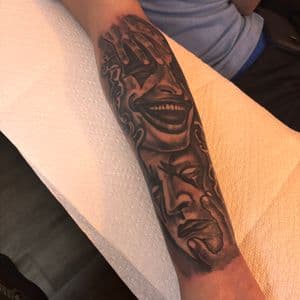 Black & Grey + Illustrative face tattoo on Forearm by 32_Incc_STUDIOS_LLC. on TattMe