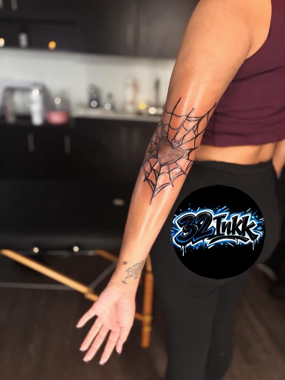 Black-work + Line-work spiderweb tattoo on Elbow by 32_Incc_STUDIOS_LLC. on TattMe