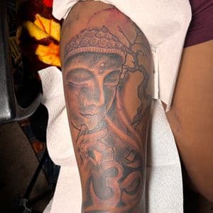 Black & Grey + Illustrative buddha tattoo on Thigh by 32_Incc_STUDIOS_LLC. on TattMe