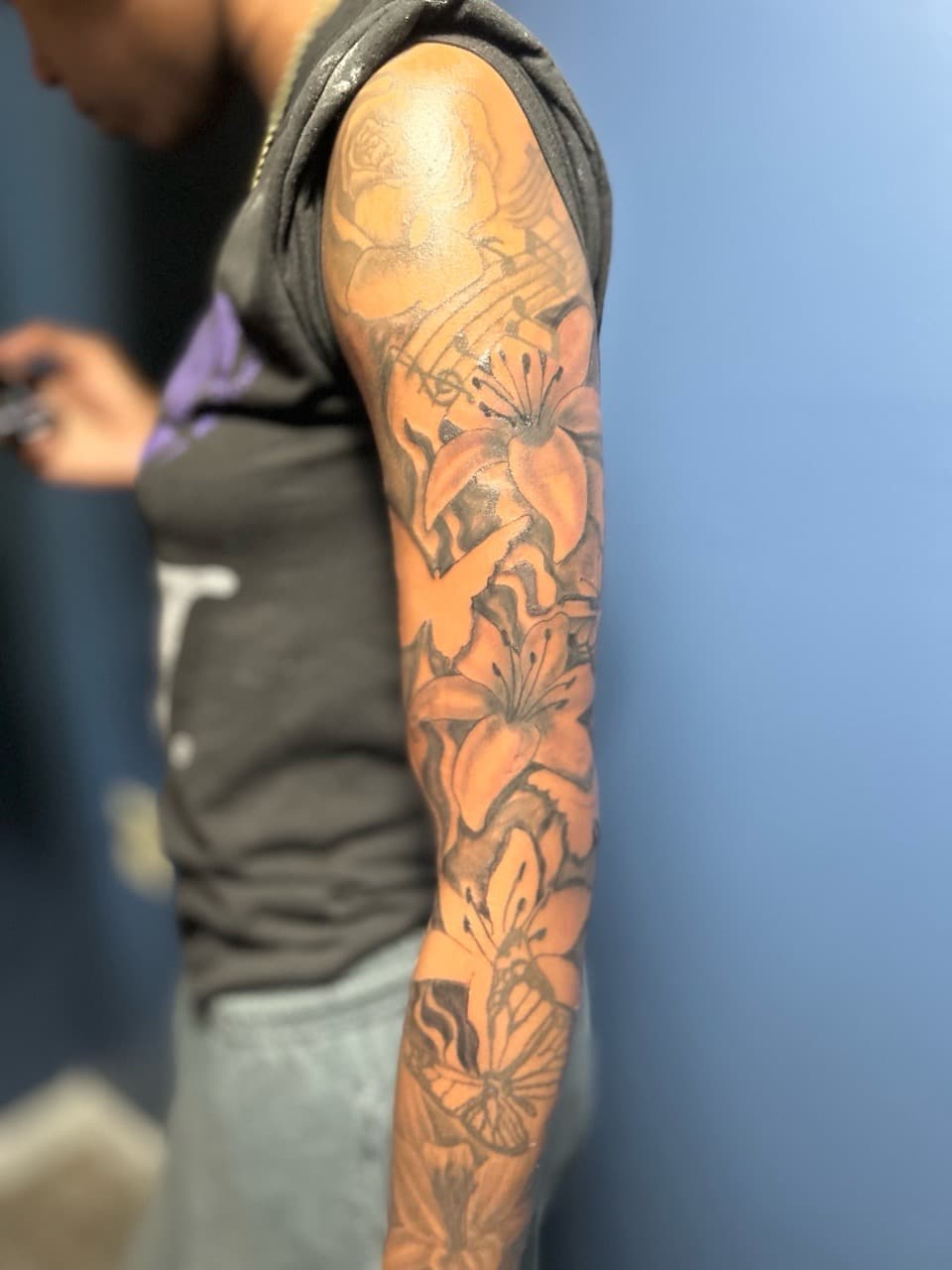 Black & Grey + Floral flowers tattoo on Full Sleeve by 32_Incc_STUDIOS_LLC. on TattMe