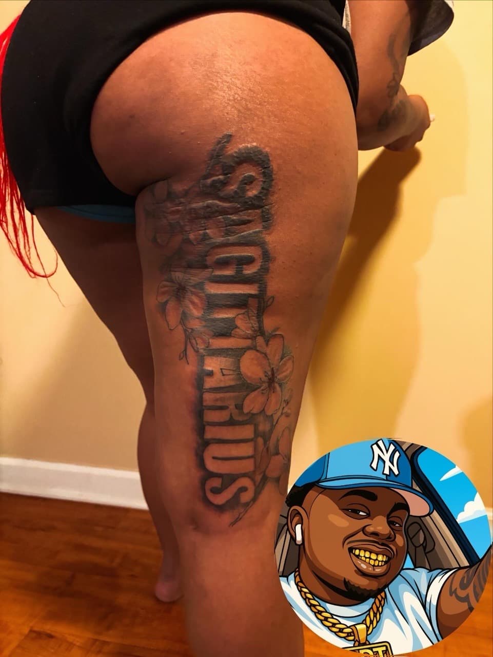 Lettering + Floral sagittarius tattoo on Thigh by 32_Incc_STUDIOS_LLC. on TattMe