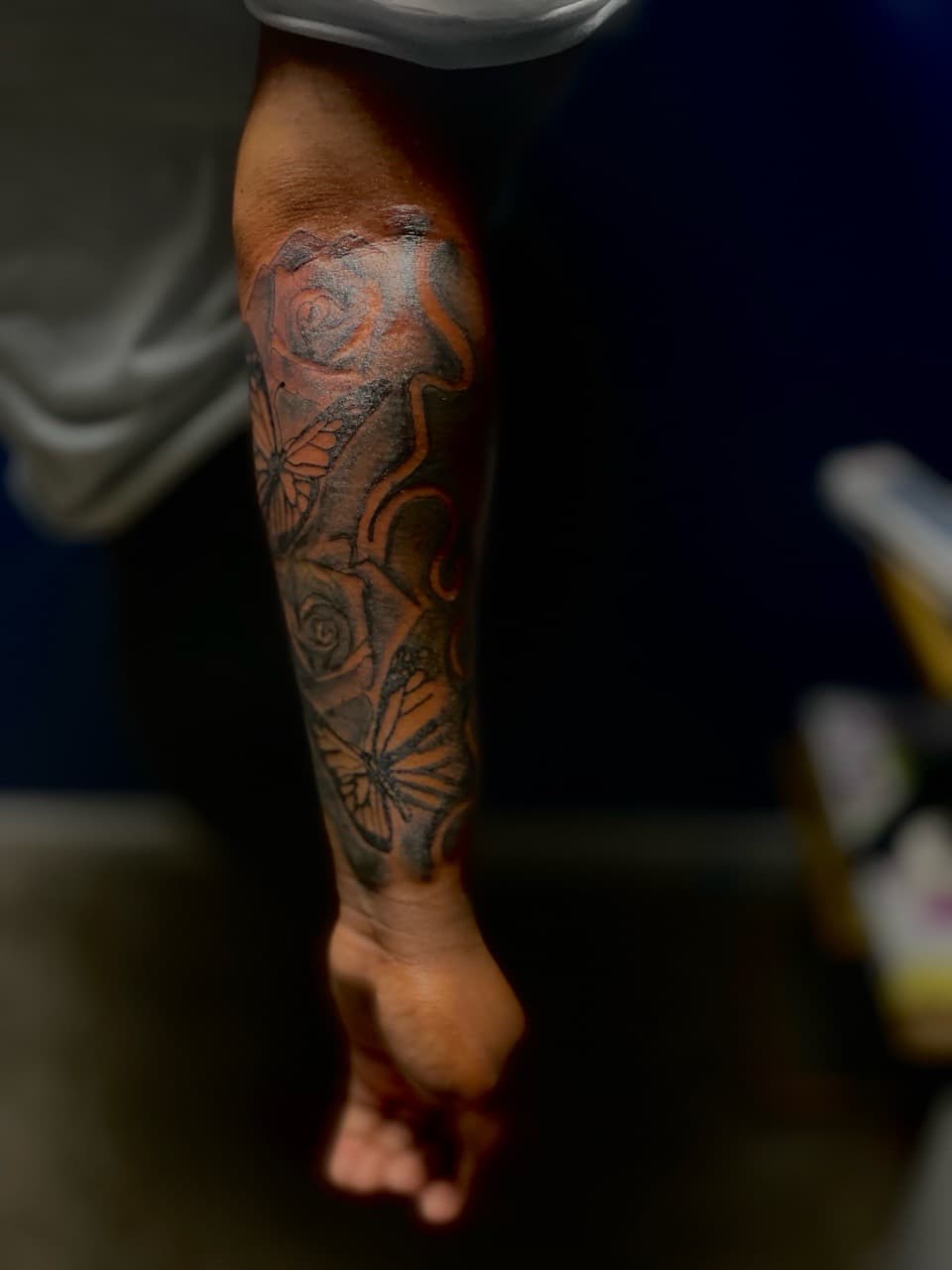 Black & Grey + Floral butterflies tattoo on Half Sleeve by 32_Incc_STUDIOS_LLC. on TattMe