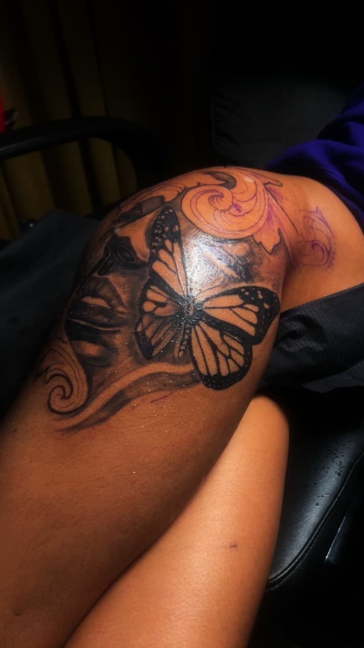 Black & Grey + Illustrative butterfly tattoo on Thigh by 32_Incc_STUDIOS_LLC. on TattMe