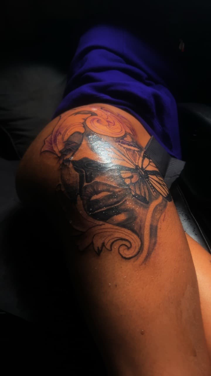 Black & Grey + Illustrative Realism woman tattoo on Thigh by 32_Incc_STUDIOS_LLC. on TattMe