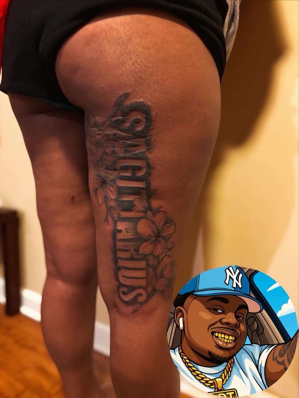 Lettering + Black & Grey sagittarius tattoo on Thigh by 32_Incc_STUDIOS_LLC. on TattMe