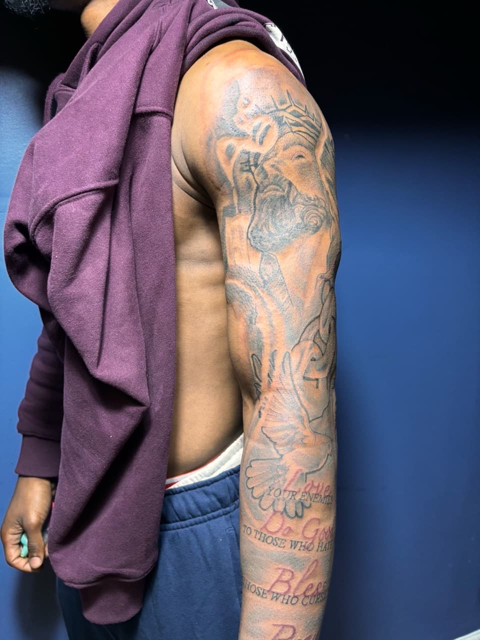Black & Grey + Lettering dove tattoo on Full Sleeve by 32_Incc_STUDIOS_LLC. on TattMe