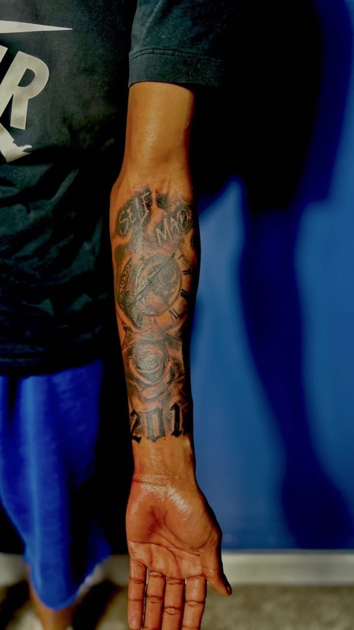 Black & Grey + Lettering clock tattoo on Forearm by 32_Incc_STUDIOS_LLC. on TattMe