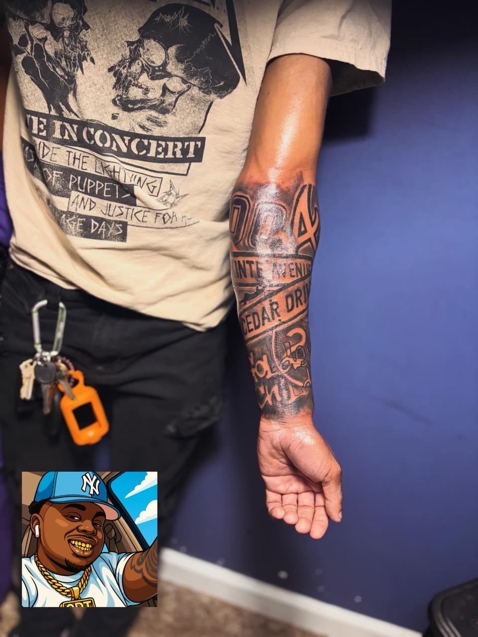 Lettering + Black & Grey street signs tattoo on Forearm by 32_Incc_STUDIOS_LLC. on TattMe