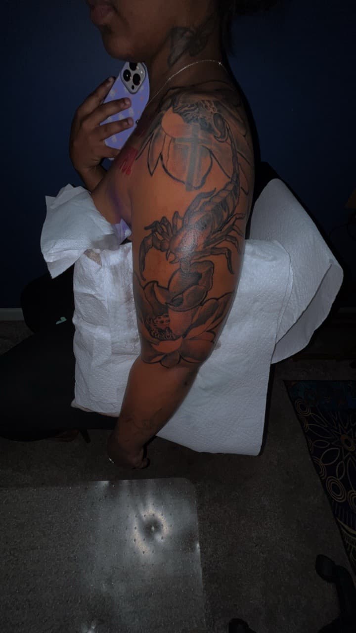 Black & Grey + Illustrative scorpion tattoo on Upper Arm by 32_Incc_STUDIOS_LLC. on TattMe