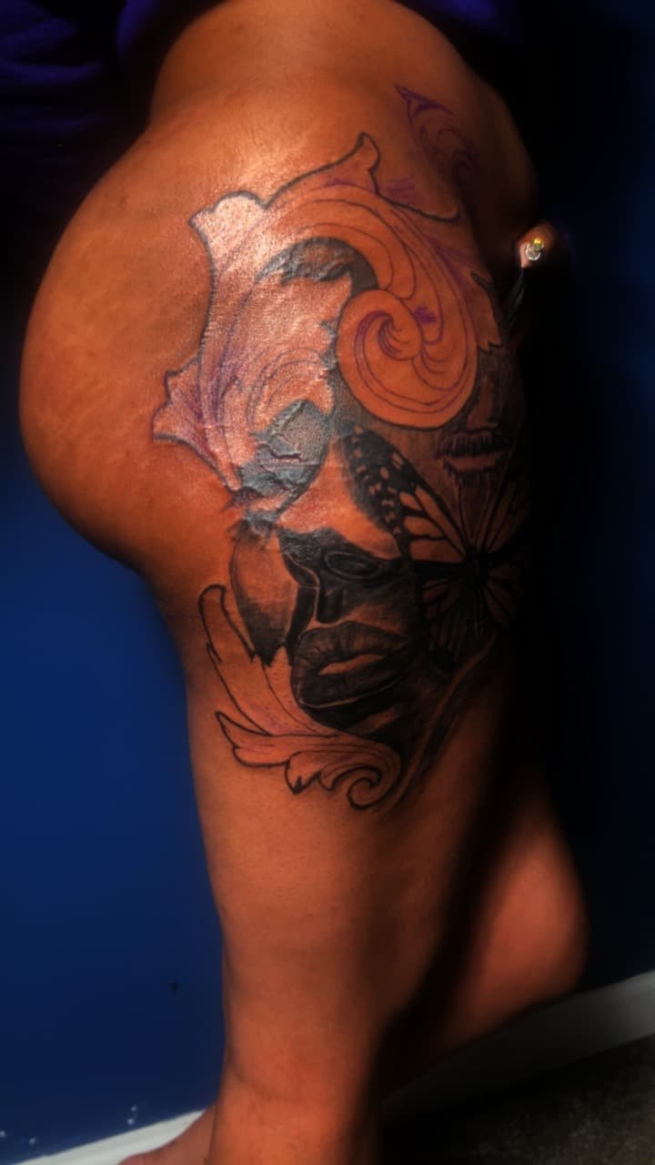 Black & Grey + Illustrative female face tattoo on Hip by 32_Incc_STUDIOS_LLC. on TattMe