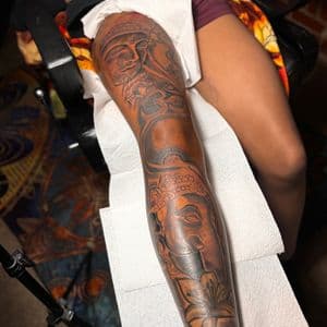 Black & Grey + Illustrative buddha tattoo on Full Leg Sleeve by 32_Incc_STUDIOS_LLC. on TattMe