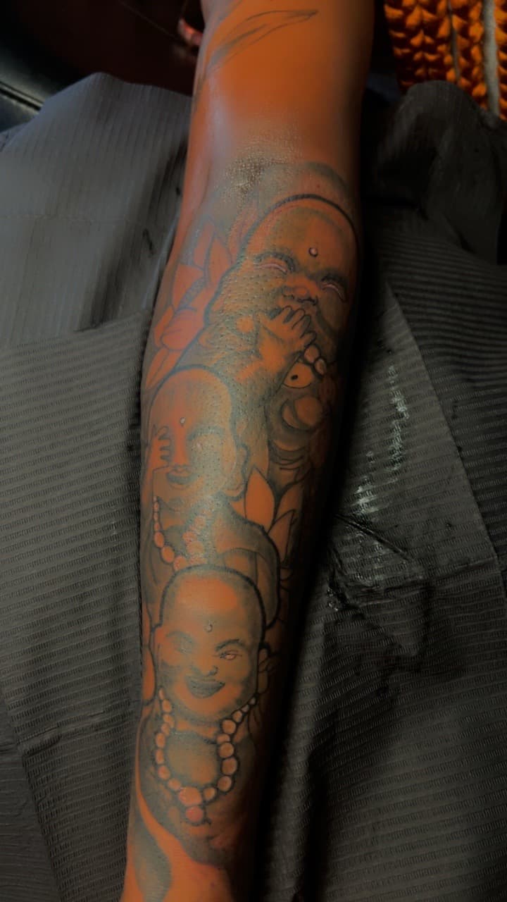 Black & Grey + Illustrative buddhas tattoo on Forearm by 32_Incc_STUDIOS_LLC. on TattMe