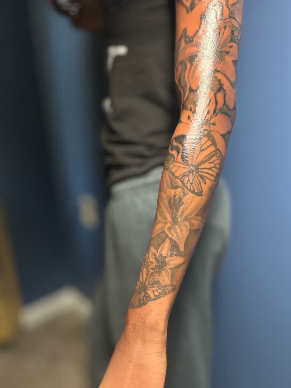 Black & Grey + Floral butterflies tattoo on Full Sleeve by 32_Incc_STUDIOS_LLC. on TattMe