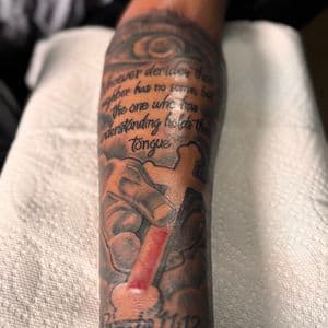 Black & Grey + Lettering cross tattoo on Forearm by 32_Incc_STUDIOS_LLC. on TattMe