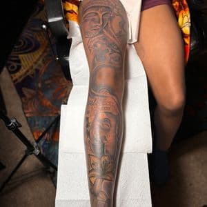 Black & Grey + Illustrative buddha tattoo on Full Leg Sleeve by 32_Incc_STUDIOS_LLC. on TattMe