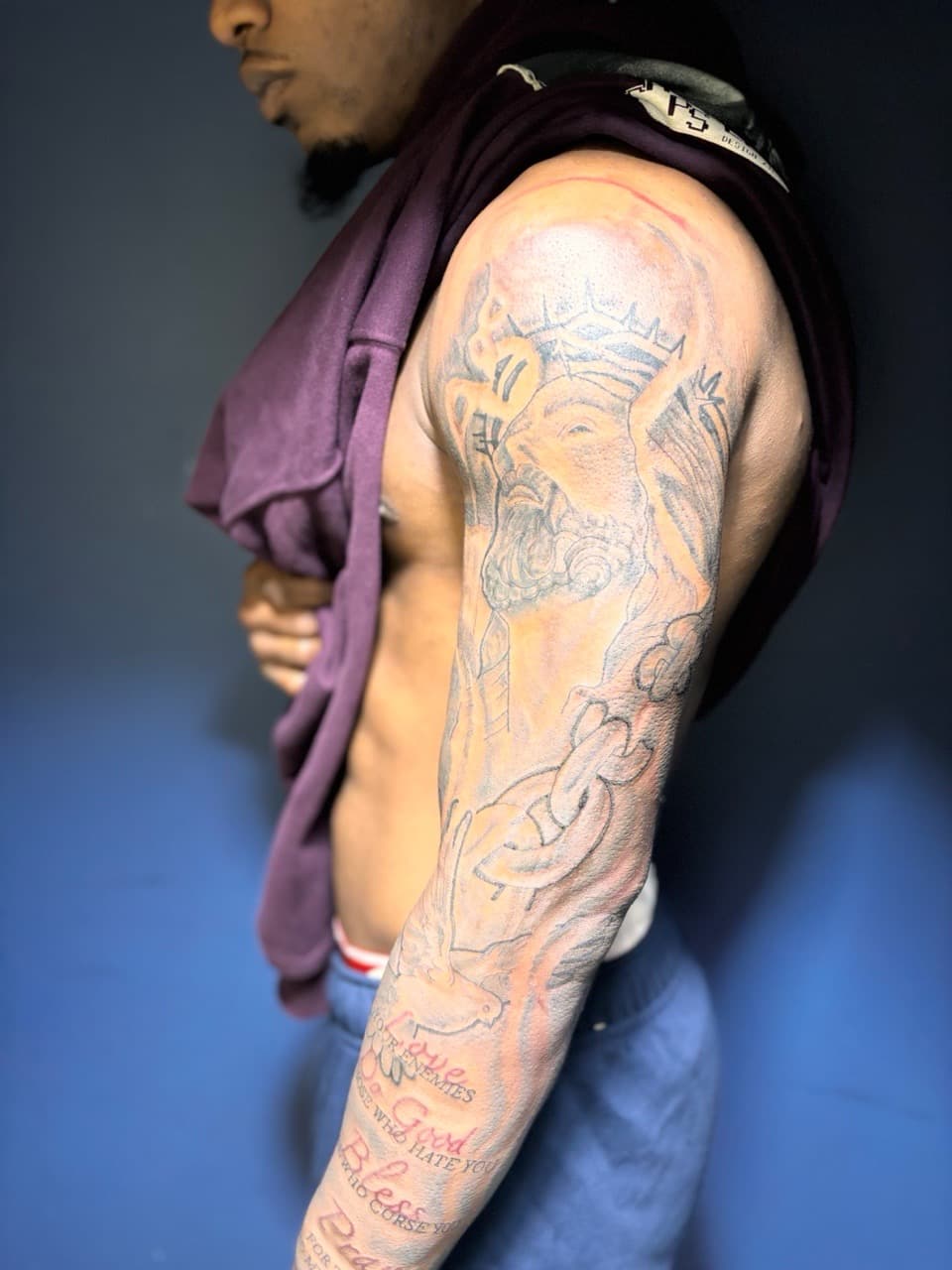 Black & Grey + Line-work jesus tattoo on Full Sleeve by 32_Incc_STUDIOS_LLC. on TattMe