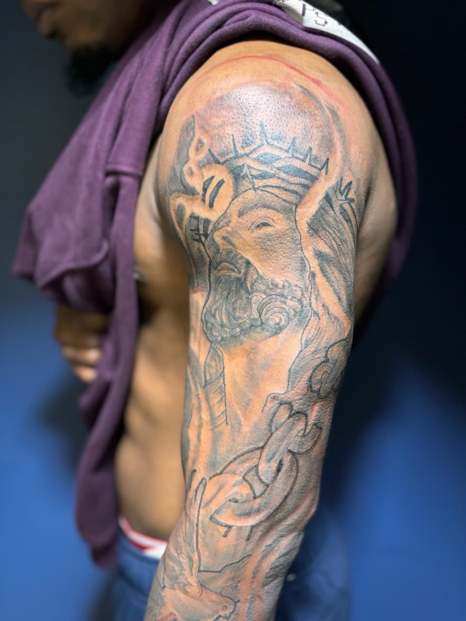Black & Grey + Realism jesus tattoo on Half Sleeve by 32_Incc_STUDIOS_LLC. on TattMe