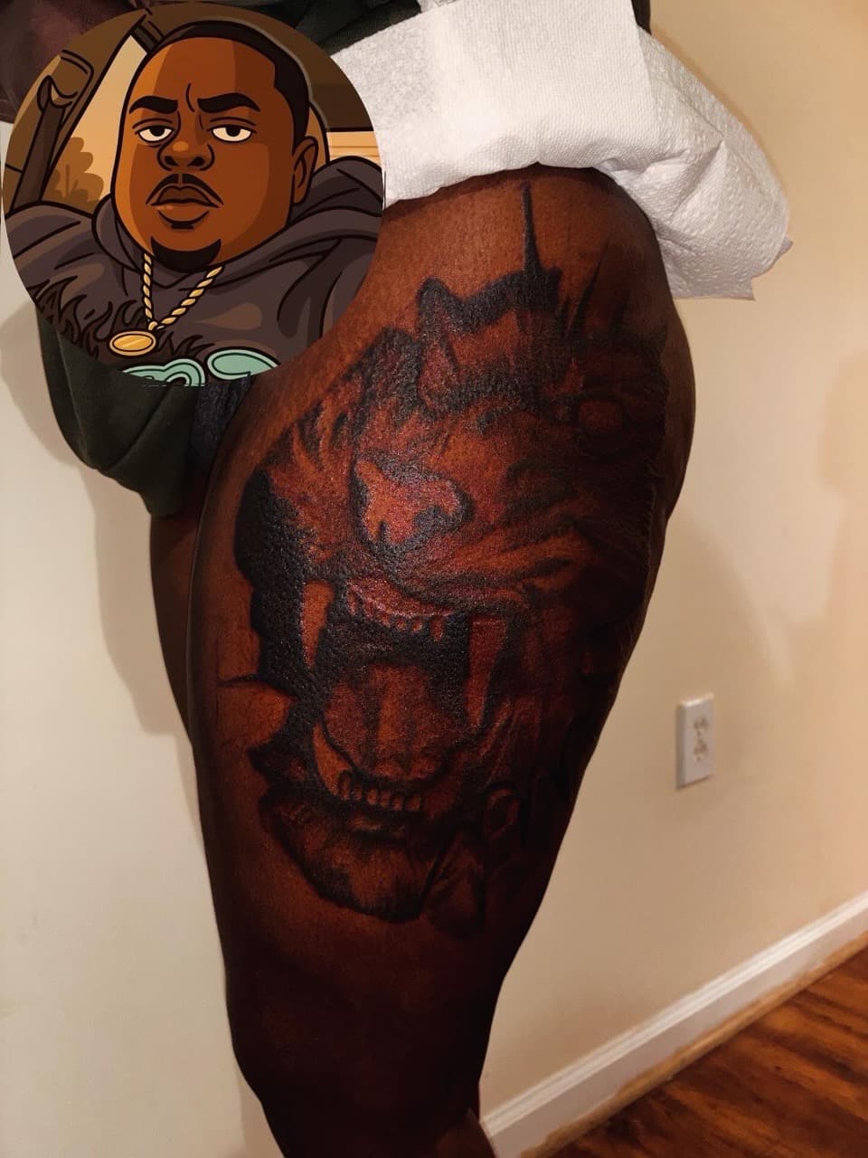 Black-work + Illustrative lion tattoo on Thigh by 32_Incc_STUDIOS_LLC. on TattMe