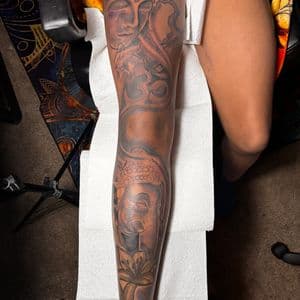 Black & Grey + Illustrative buddha tattoo on Full Leg Sleeve by 32_Incc_STUDIOS_LLC. on TattMe