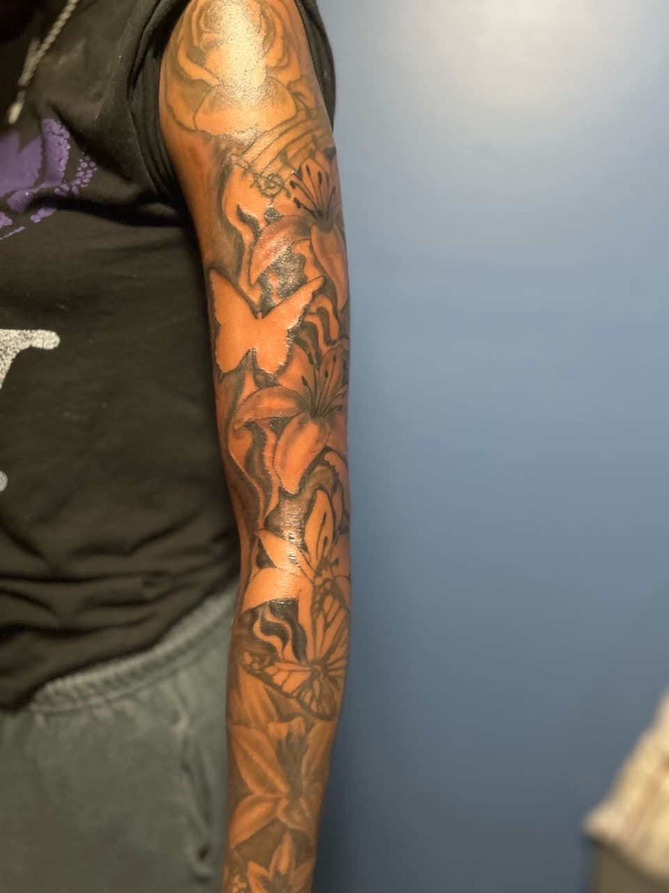 Black & Grey + Floral butterflies tattoo on Half Sleeve by 32_Incc_STUDIOS_LLC. on TattMe