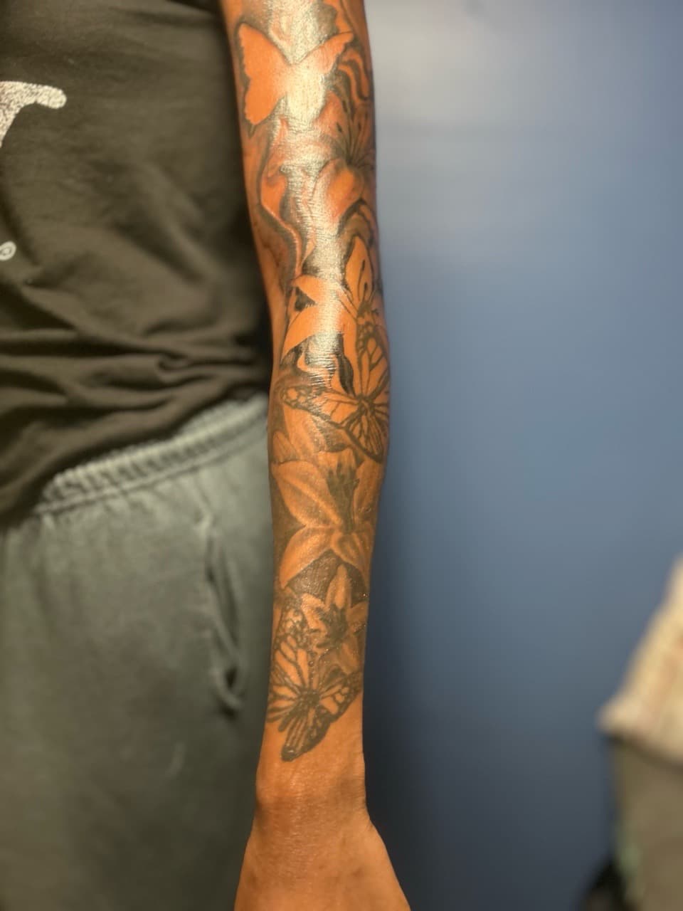 Black & Grey + Floral butterflies tattoo on Full Sleeve by 32_Incc_STUDIOS_LLC. on TattMe