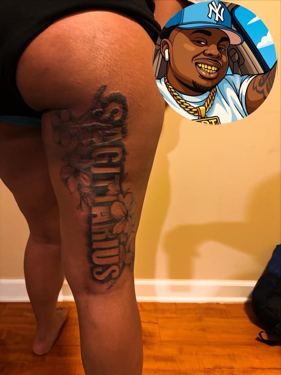 Lettering + Floral sagittarius tattoo on Thigh by 32_Incc_STUDIOS_LLC. on TattMe
