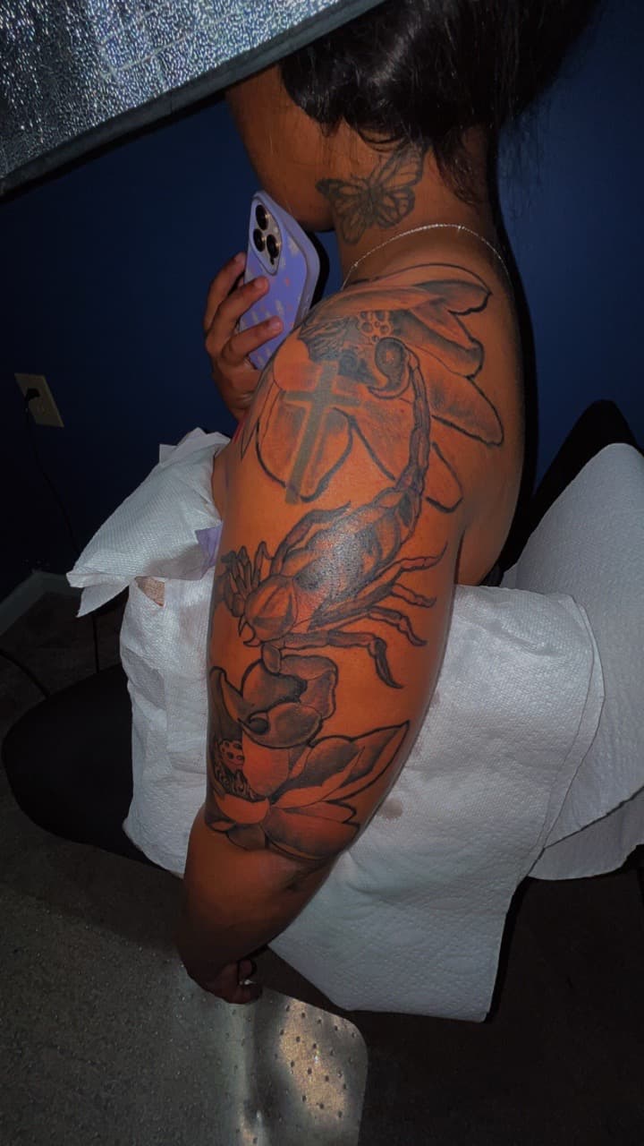 Black & Grey + Illustrative scorpion tattoo on Upper Arm by 32_Incc_STUDIOS_LLC. on TattMe