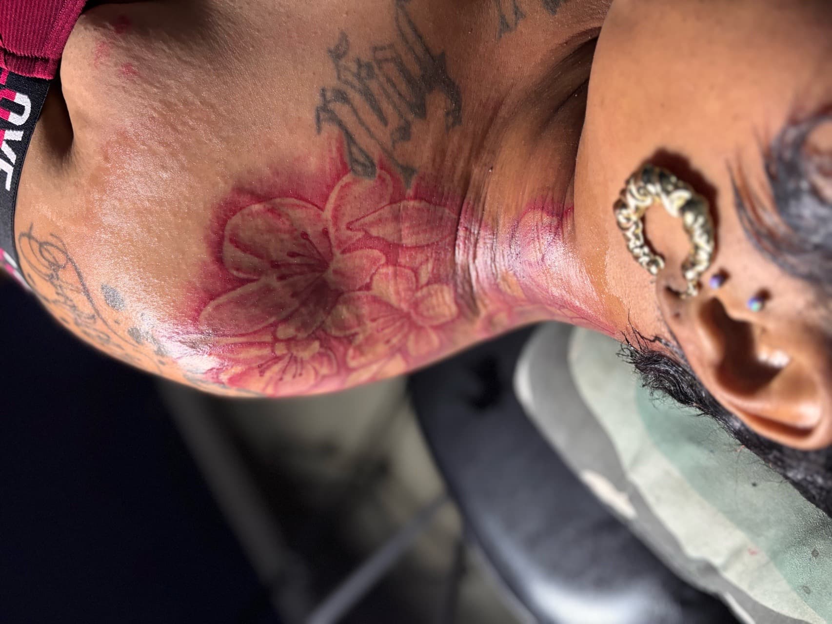 Floral + Color flowers tattoo on Neck (Side) by 32_Incc_STUDIOS_LLC. on TattMe