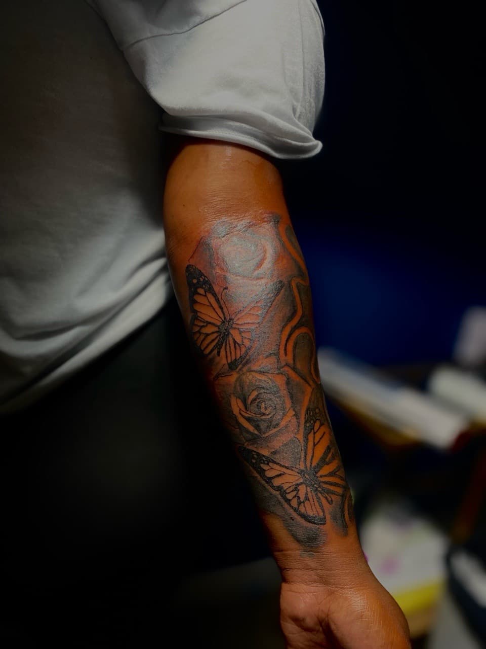 Black & Grey + Floral butterflies tattoo on Forearm by 32_Incc_STUDIOS_LLC. on TattMe