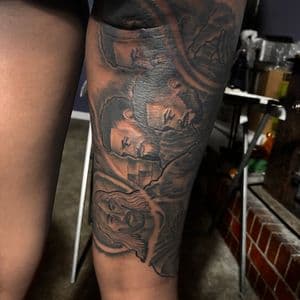 Black & Grey + Realism portraits tattoo on Calf by 32_Incc_STUDIOS_LLC. on TattMe