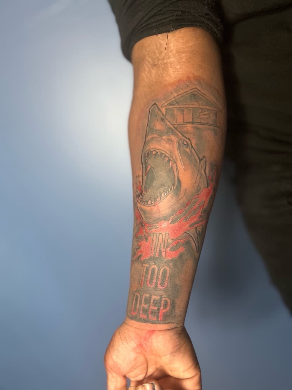 Black & Grey + Lettering shark tattoo on Forearm by 32_Incc_STUDIOS_LLC. on TattMe